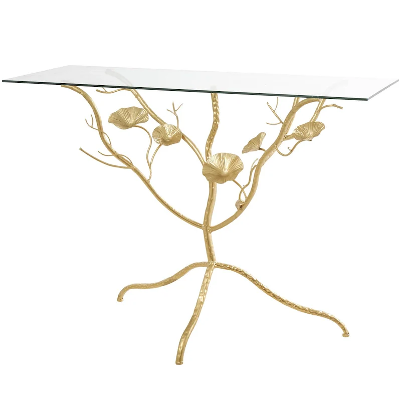 Metal Floral Branch Console Table with Glass Top - Gold - Roche River Decor