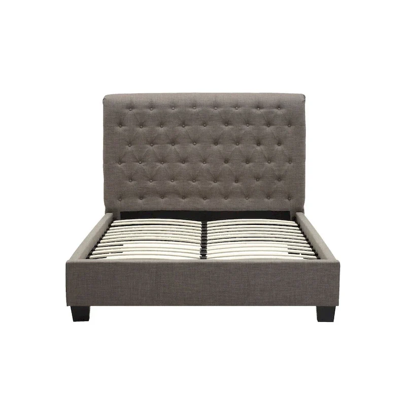 Rue Low Profile Queen Bed, Button Tufted Uphosltered Rolled Back, Gray