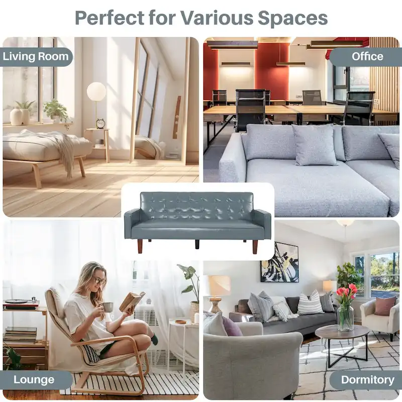 74.4 L Faux Leather Full Handcrafted Button Tufted Sofa 3-Seat, Convertible Sleeper Couch Adjustable Backrest