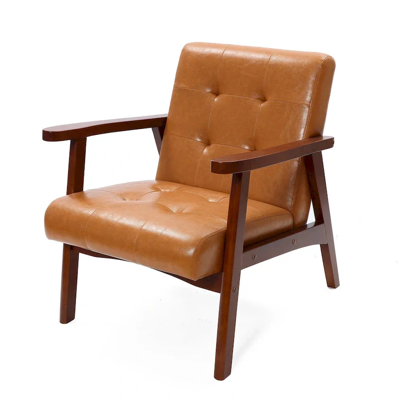 Mid-Century Armchair - Brown Faux Leather, Rubberwood Frame, 24.13W x 29.9H, Single Seat, 250 lbs