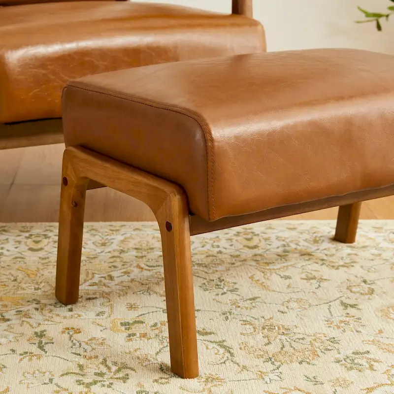 Glitzhome Set of 2 Mid-century Leatherette Ottoman Accent Stools
