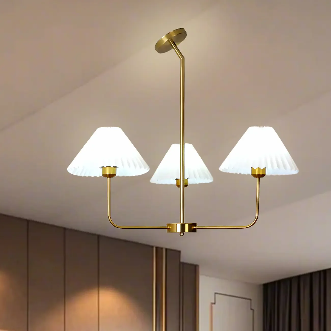 Modern Gold Chandelier with Pleated Shades for Living Room