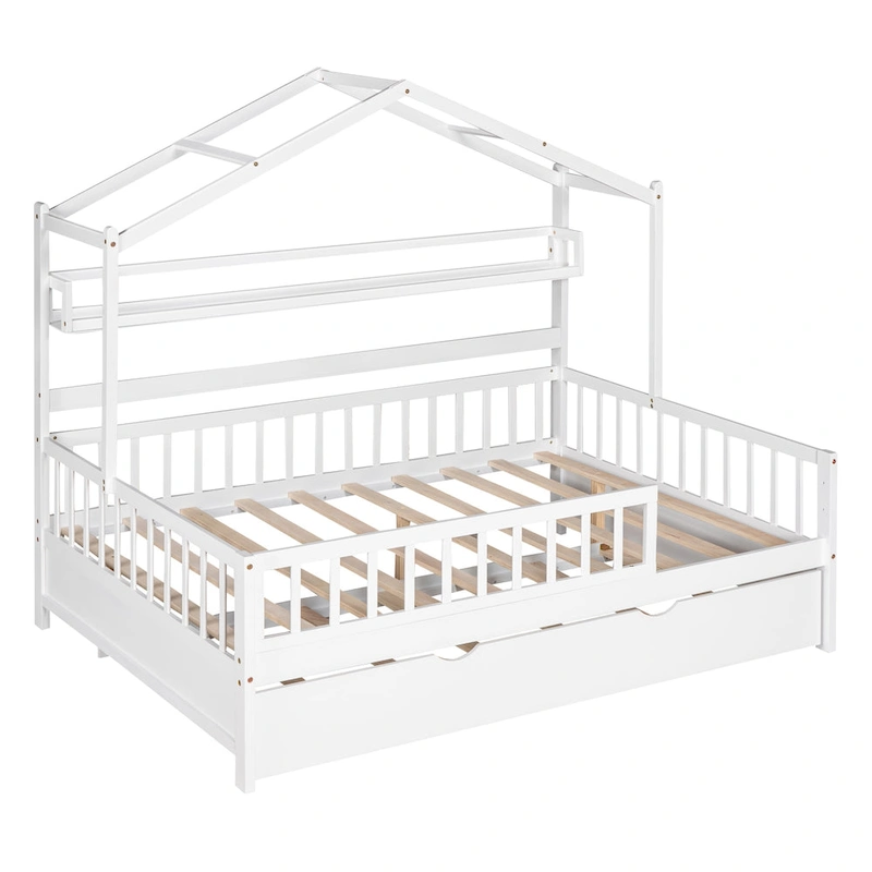 Full Wooden House Bed with Twin Trundle