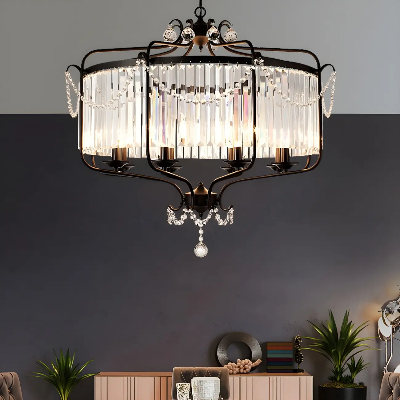 Modern Black Round Cylinder Metal Cage Crystal Chandelier