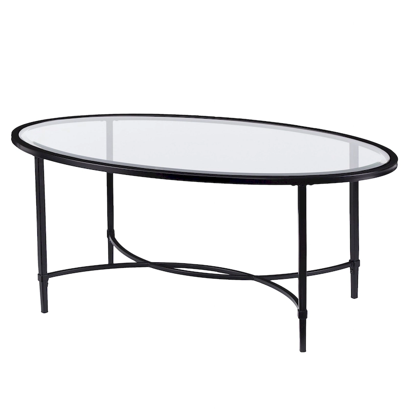HomeRoots 45 Clear and Black Glass and Metal Oval Coffee Table - 19 H x 45 W x 25 D