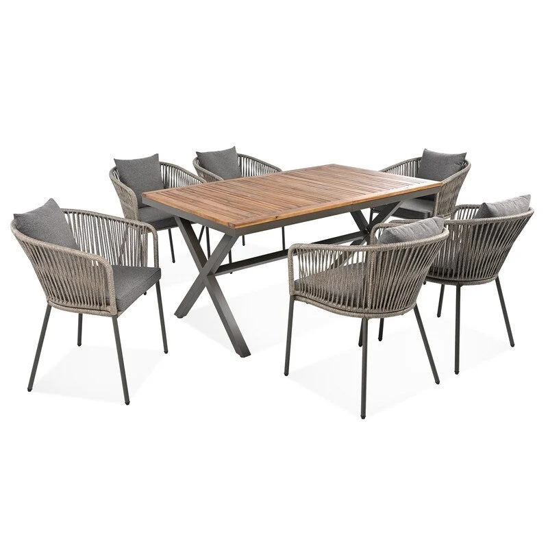 7 Pieces All-Weather Patio Dining Set with Acacia Wood Tabletop and 6 Chairs