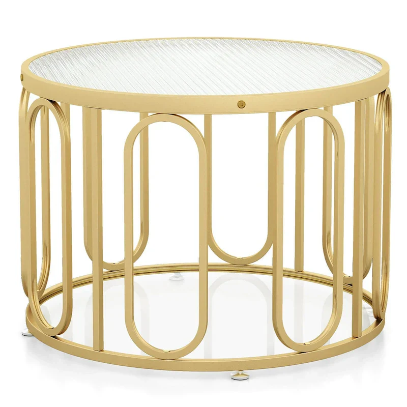 Gymax 2-Tier 24 Round Coffee Table w/ Oval Swivel Brackets & Reeded