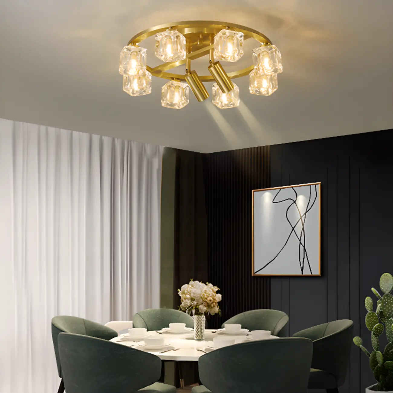 Gold Circle Cube Crystal Semi Flush Ceiling Light with Spotlights