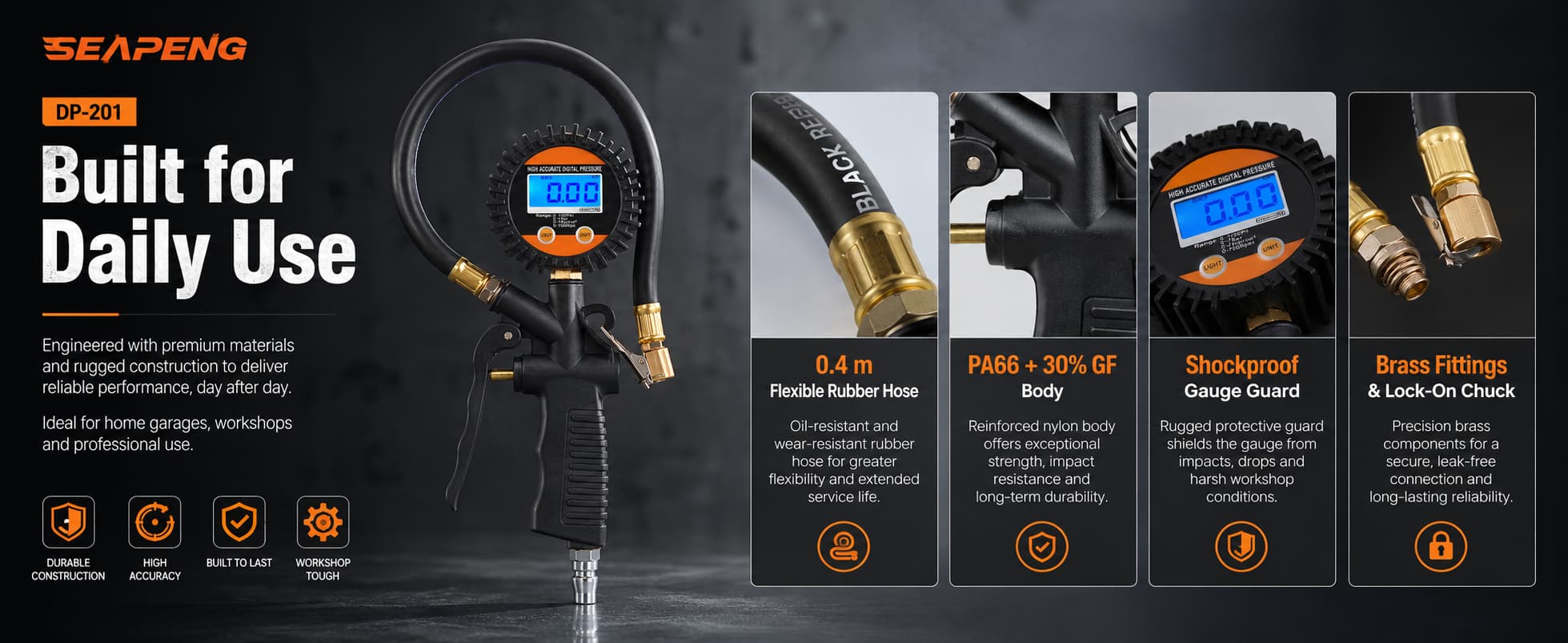 SEAPENG DP-201 tire inflator gauge showing inflate, deflate and pressure check functions