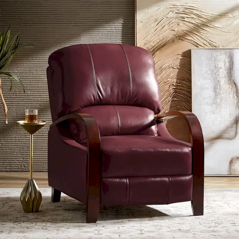 Alex Mid-century Modern Cigar Genuine Leather Manual Recliner with Wooden Curved Arms