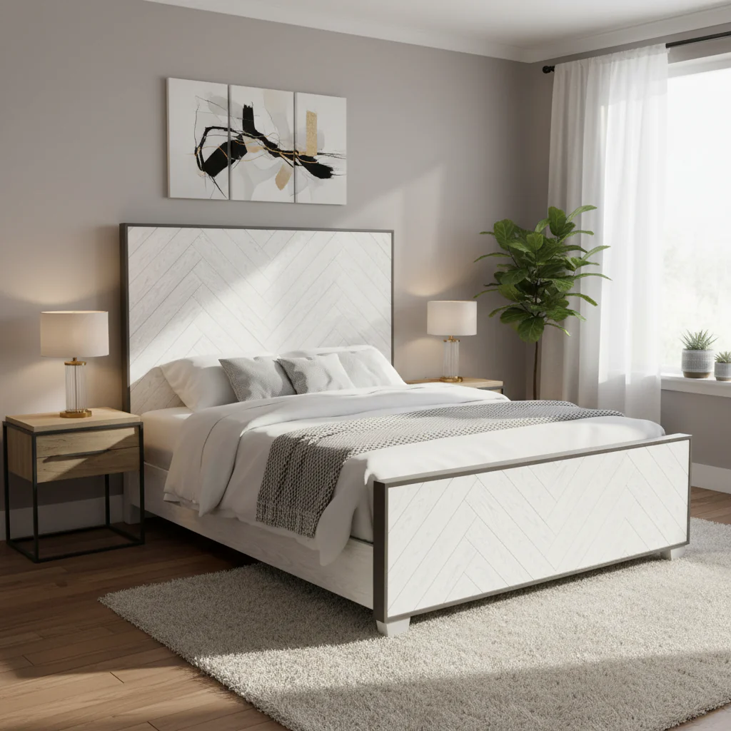Modern Farmhouse Vintage White Bed with Metal Frame