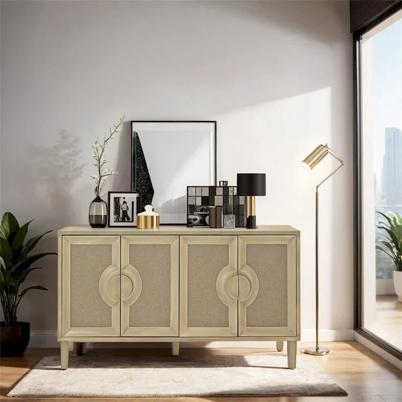 59.84 Elegant Vintage 4-Door Cabinet with Linen Decorated Doors