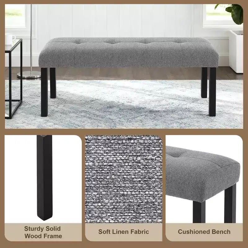 Modern Tufted Linen Dining Bench with Rubber Wood Legs