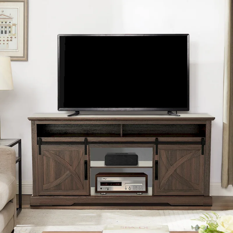 68 Walnut Sliding Barn Door TV Stand Console with Storage Open Compartment