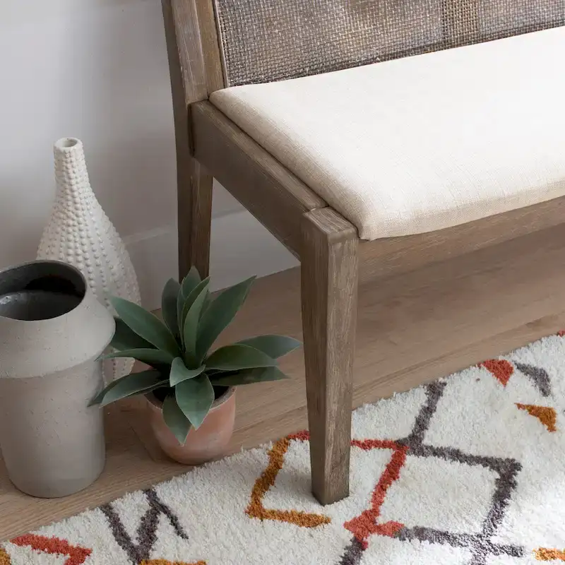 Solid Wood Cane Bench with Cushioned Seat