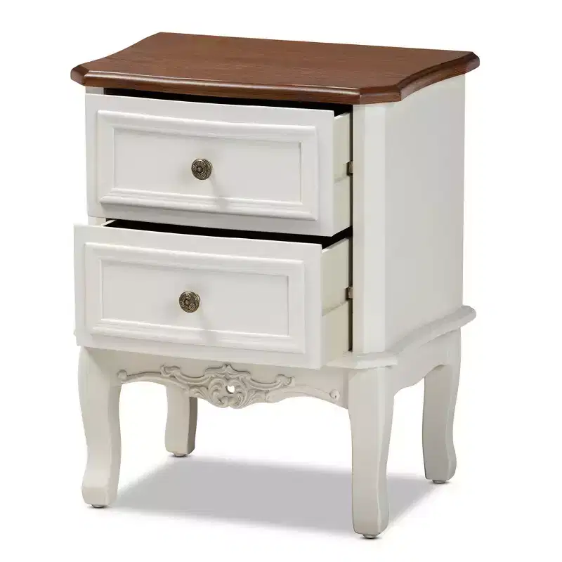 2 Drawer Darlene Wood Nightstand White/Cherry Brown - Baxton Studio: Traditional Style, Carved Knobs, Storage