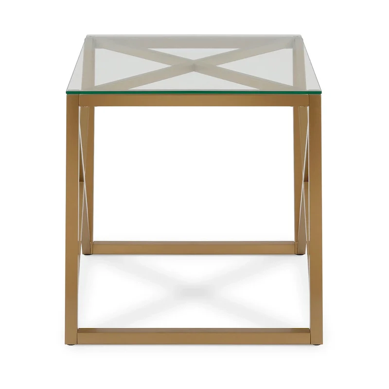 Geometric X-Base Metal & Glass Side Table in Golden Brass Finish