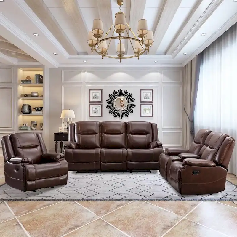 Genuine Leather Mid-century Modern Style Manual Recliners Sofa Set