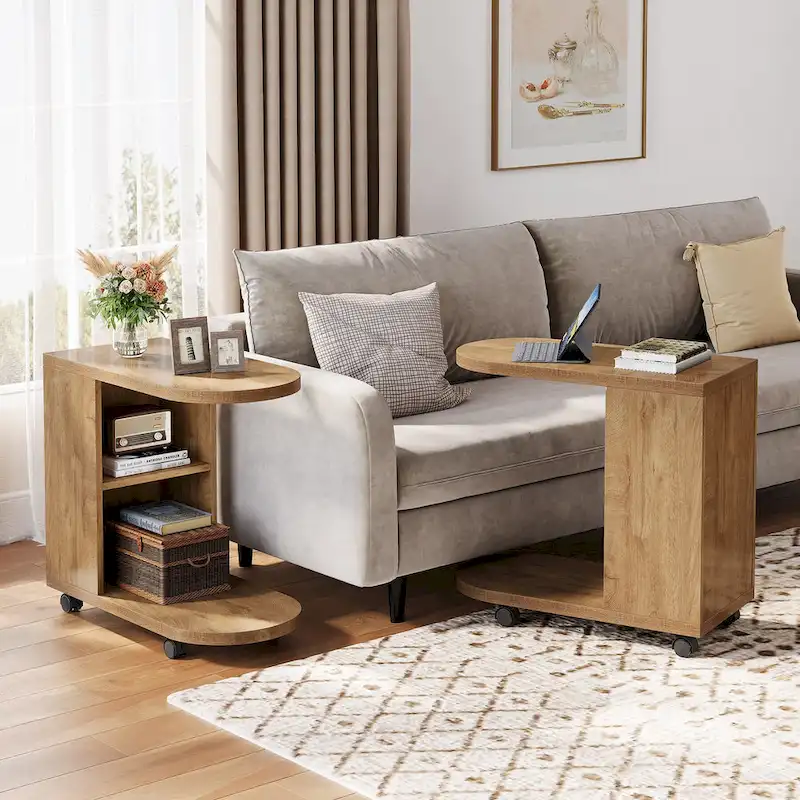 C Shaped Sofa Side Table, Mobile End Table with Storage