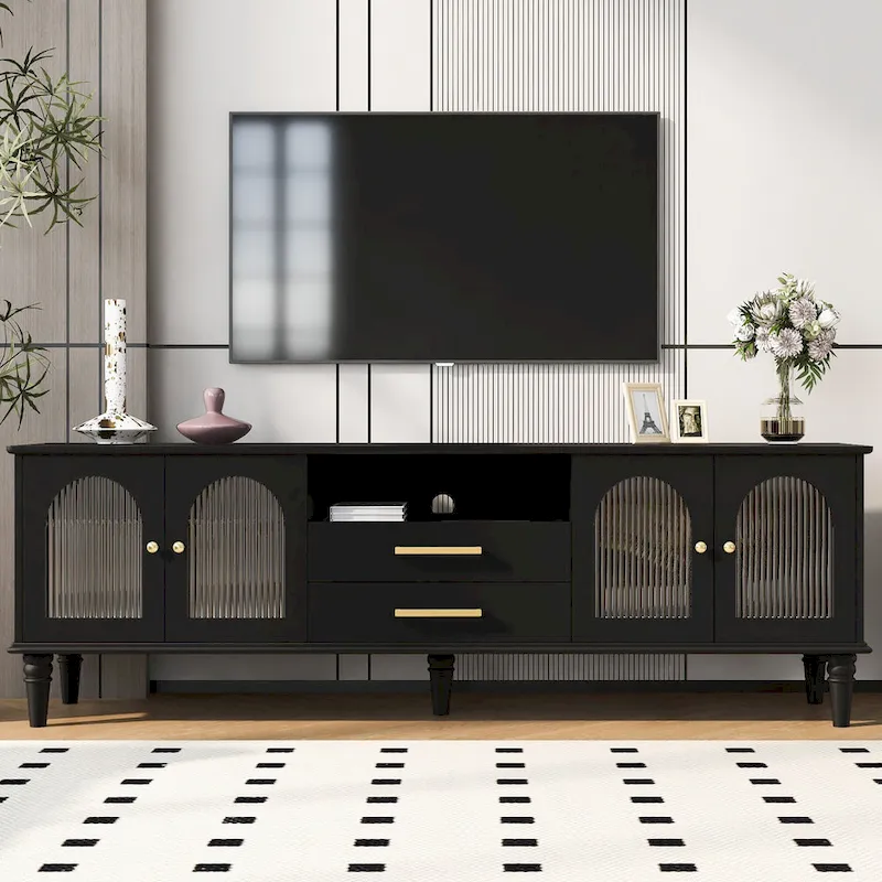 68.9 Retro TV Stand for TVs up to 75 Inches, Entertainment Center Media Console with Arched Style Fluted Glass Doors, 2Drawers