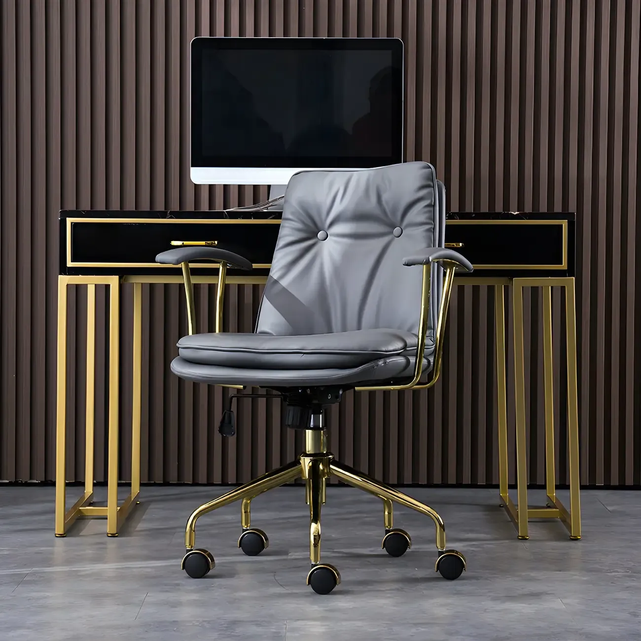 Gold Base Tufted Leather Adjustable Office Chair