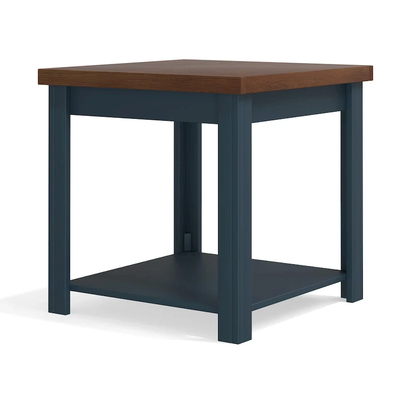24 inch Side Table, No Assembly Required, Blue Denim and Whiskey Finish