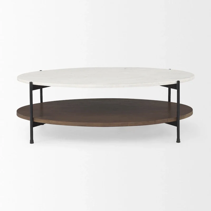 White Marble Top w/ Dark Brown Wood Shelf Oval Coffee Table