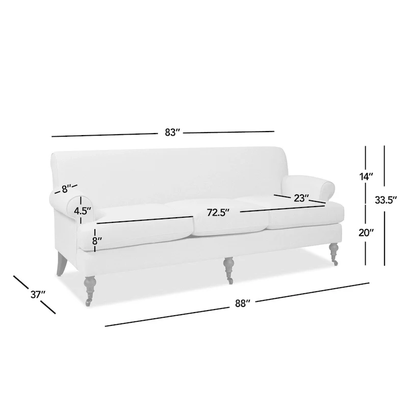 88 Inch Living Room Sofa  Three Cushion Couch with Rolled Arms and Tight Back  Minimal Assembly Required