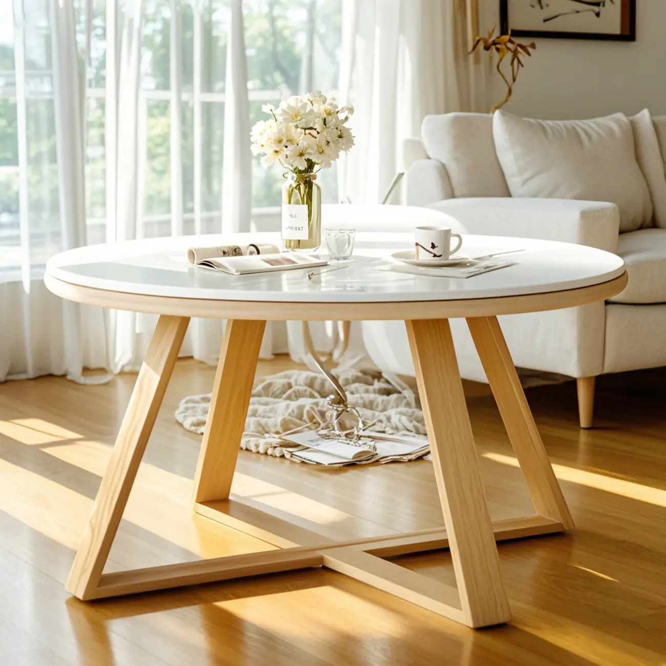 Modern Marble Round 2 Nesting Coffee Table Set with Wood Base