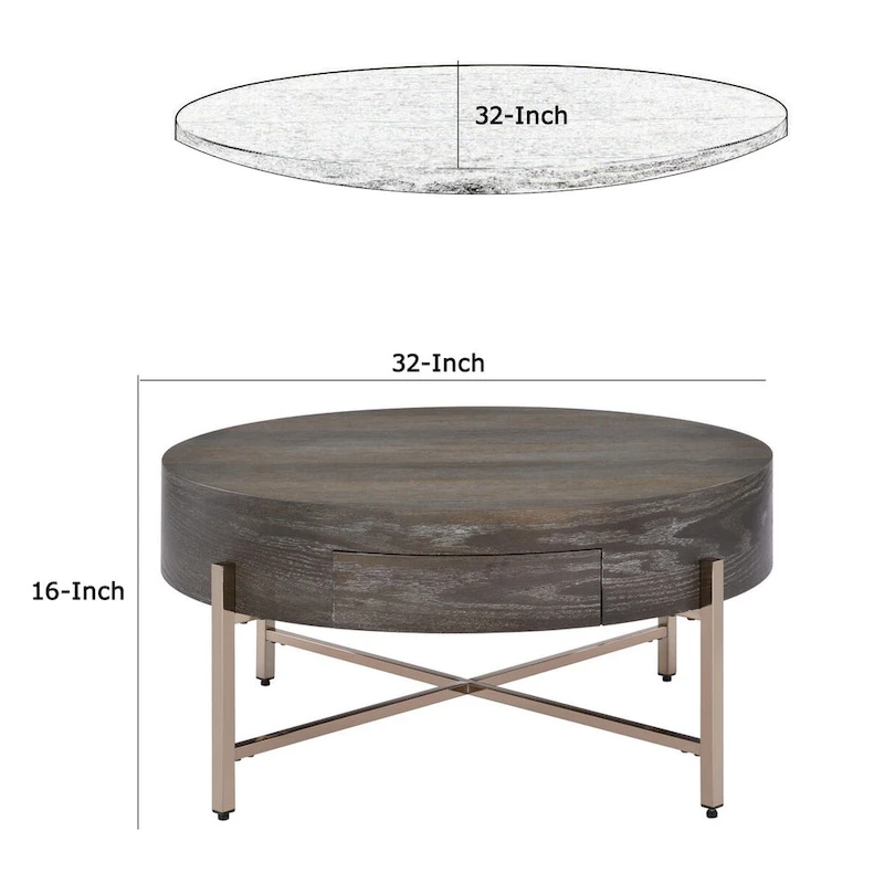 1 Drawer Round Modern Coffee Table with Crossed Metal Legs, Brown and Gold - 16 H x 32 W x 32 L Inches