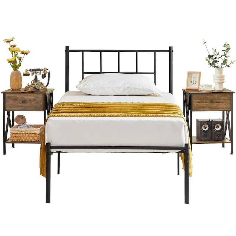 VECELO 3-Pieces Bed Frame with Wood Headboard and Modern Nightstands Set of 2