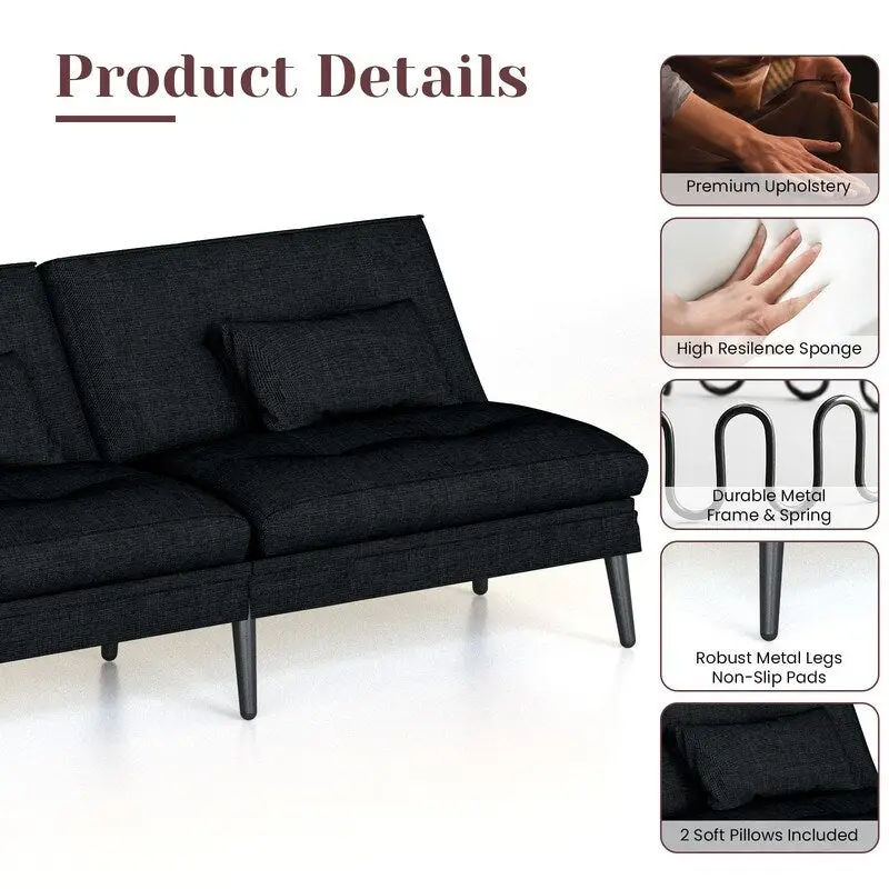 Grondin Convertible Futon Sofa Bed, 5-Angle Adjustable Backrest Sleeper Couch with 2 Pillows, Modern Style Recliner Lounge