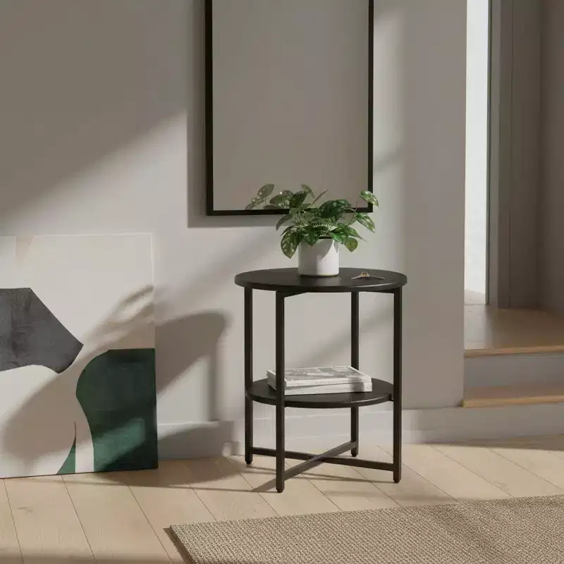 Homy Casa Round 2-Tier End Table with Metal Frame and Wood Shelves, Black Oak