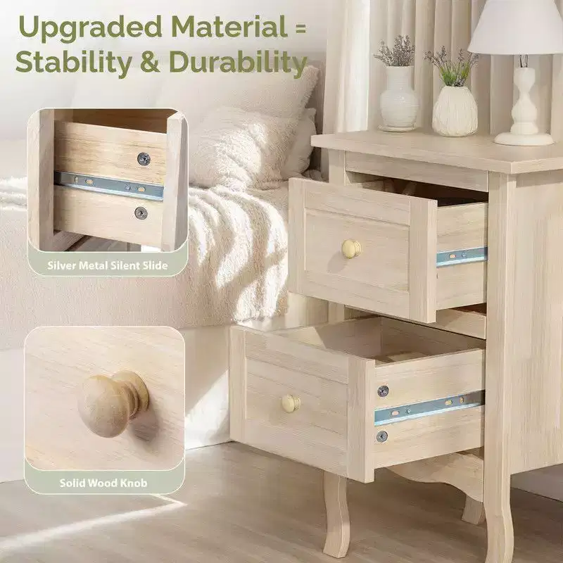 Beige 2-Drawer Rubberwood Nightstand