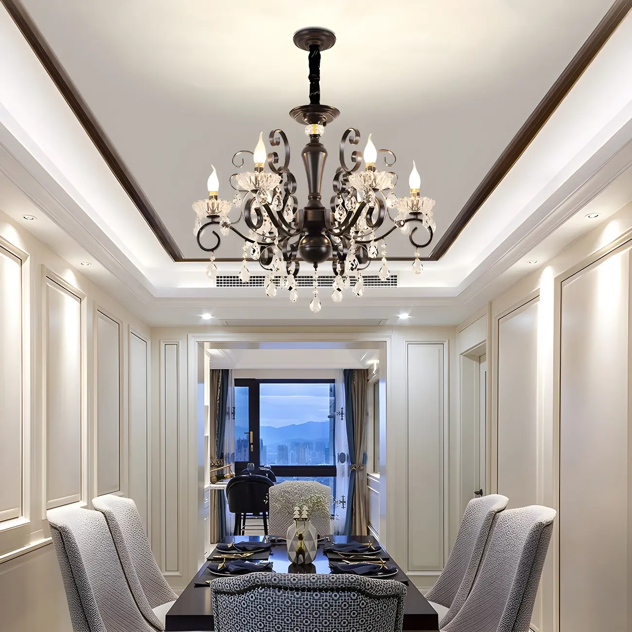 Vintage Black Crystal Pendant Candelabra Chandelier