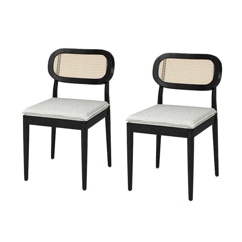 Modern Solid Wood Dining Chair with Ratten Back and Removable Cushion Set of 2 by