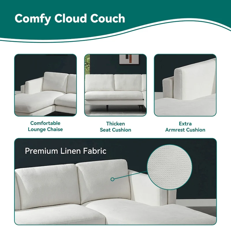 Modular U-shaped Linen Reversible Sofa with a Wooden Side Table Box and Reversible Design