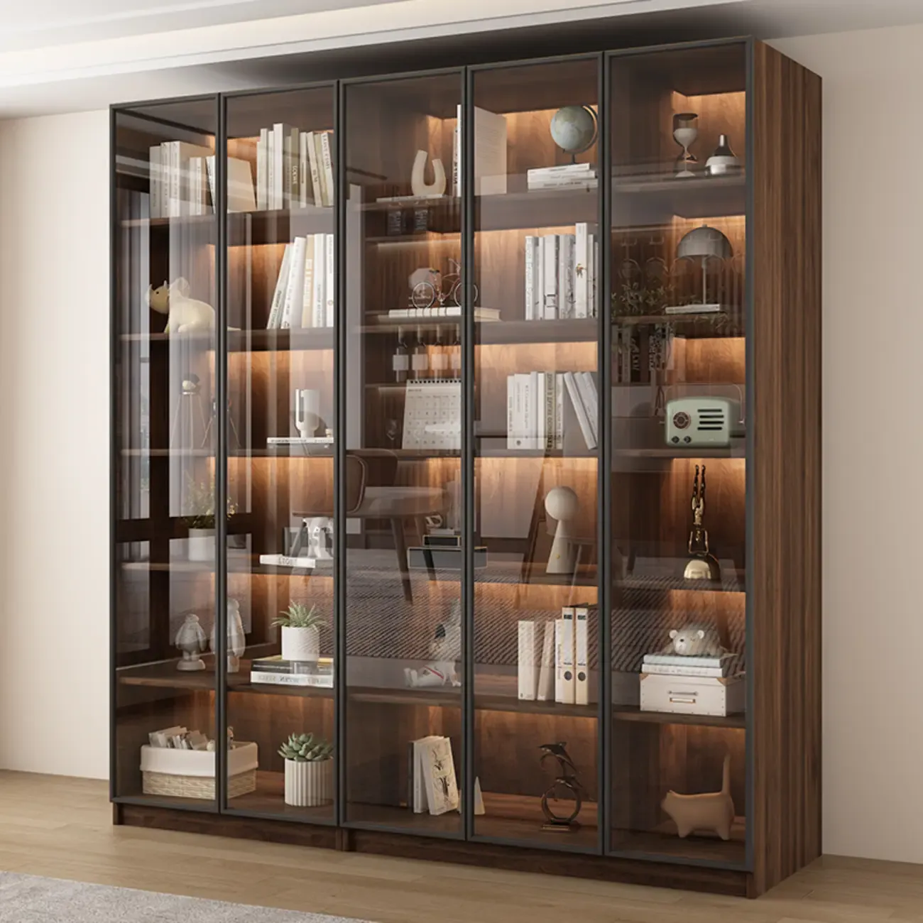 Large Modern Brown Cocoa Wood Bookcase with Glass Doors