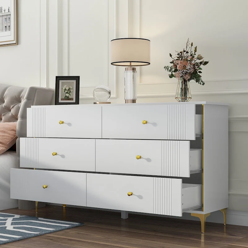 White Lacquer Dresser 6 Drawer Dresser with Metal Handle and Legs
