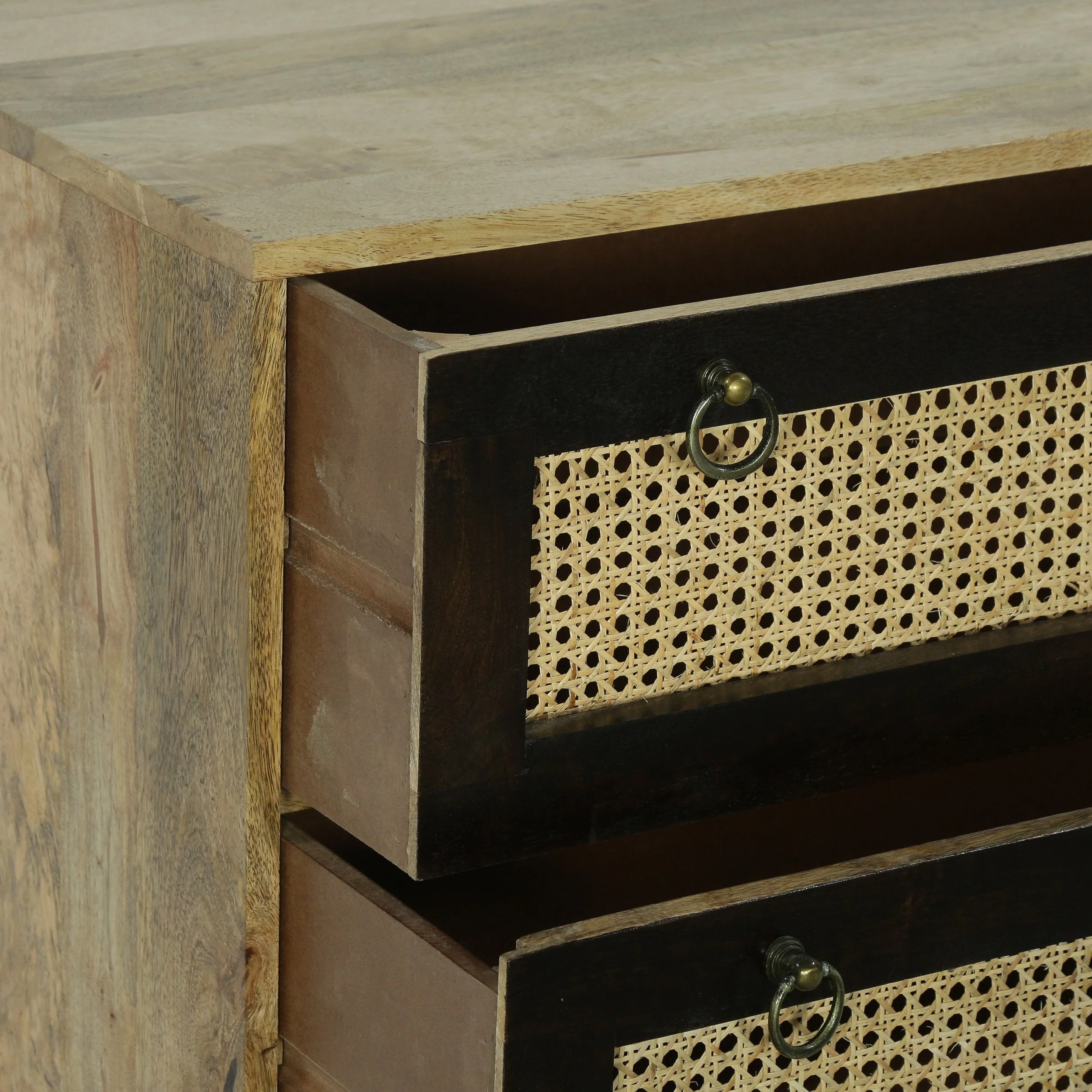 Boho Handcrafted Mango Wood 3 Drawer Sideboard, Natural and Walnut - NH658413