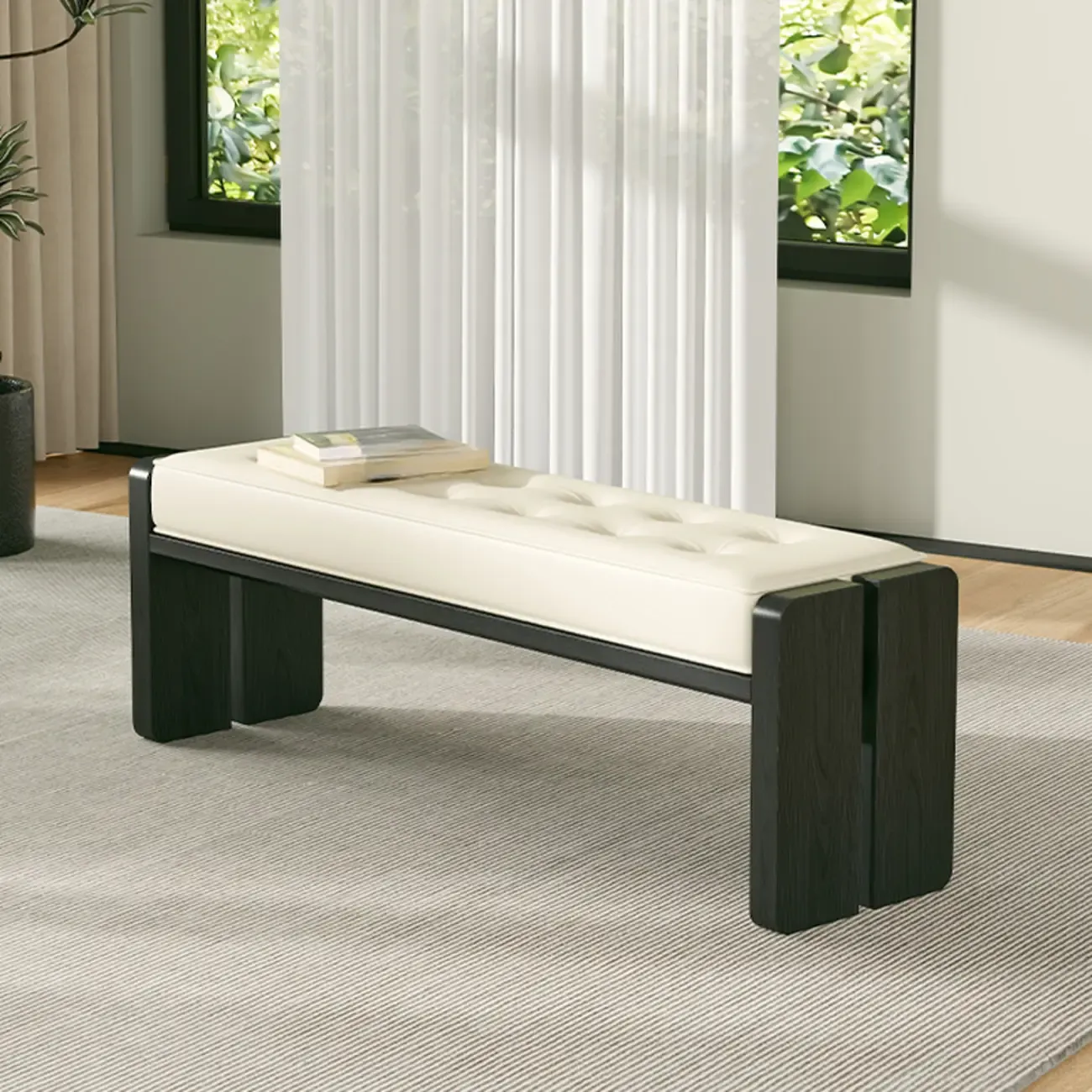 White Faux Leather Wood Upholstered Bedroom Bench