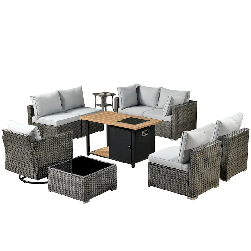 HOOOWOOO 10-piece Grey Rattan Patio Furniture Set with Fire Pit