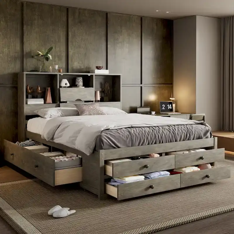Modern Wooden Platform Bed with Storage Headboard and 8 Drawers for Bedroom