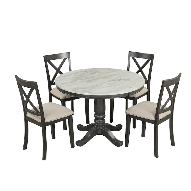 Modern Style Wooden 5-Piece Dining Set with Round Table amd 4 Upholstered Chairs