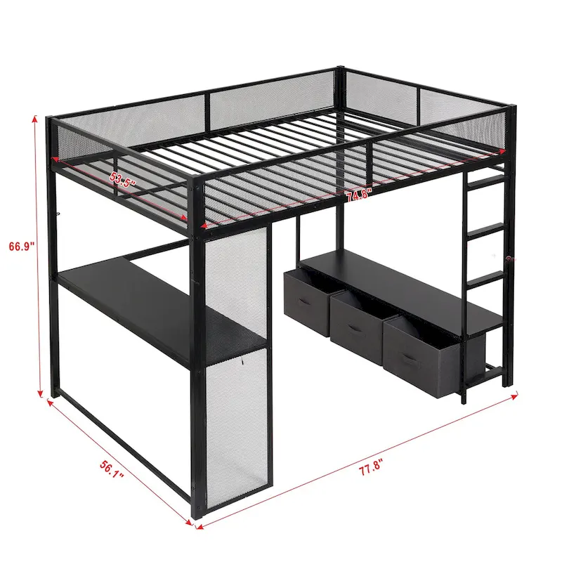 Full Size Metal Gaming Loft Bed with 16-Color LED, Study Desk & 3 Storage Drawers (400lb Capacity)