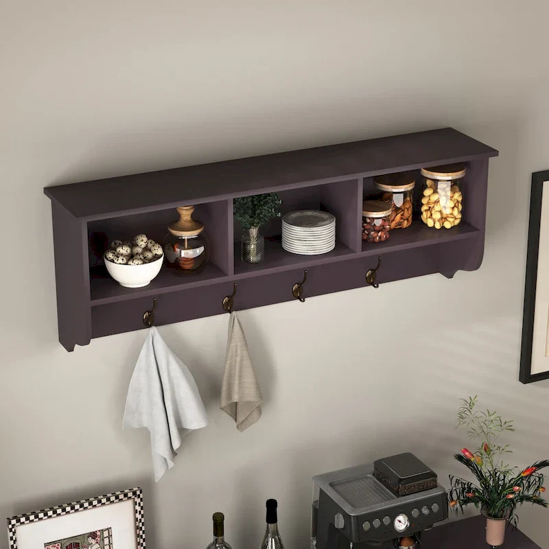 Wall Mounted Coat Rack with 4 Dual Hooks and Wooden Shelf