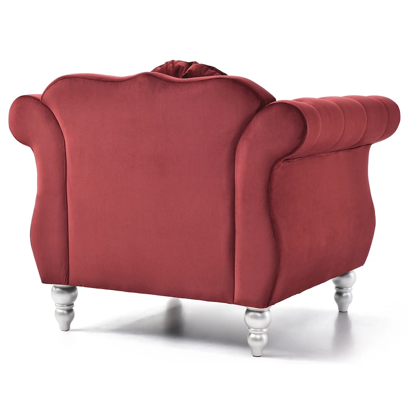 Solid Velvet Accent Chair with Tufted Round Pillow - 39 - Red