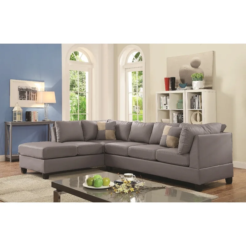 Reversible Faux Leather 4-Seater Sectional Sofa with Throw Pillows - 111 - Gray