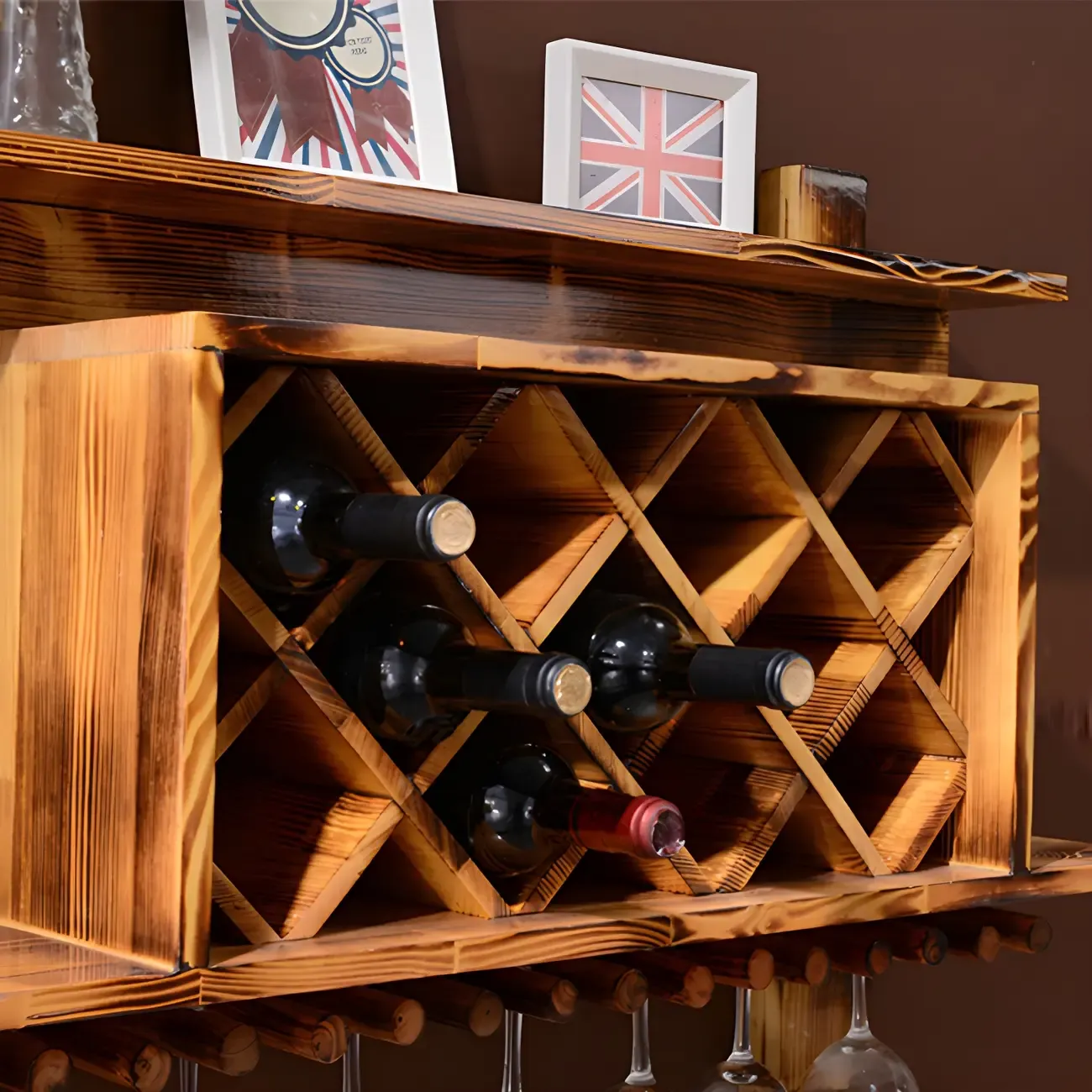 Pine Wooden Wall-Mounted Display Open Wine Bottle & Glass Rack