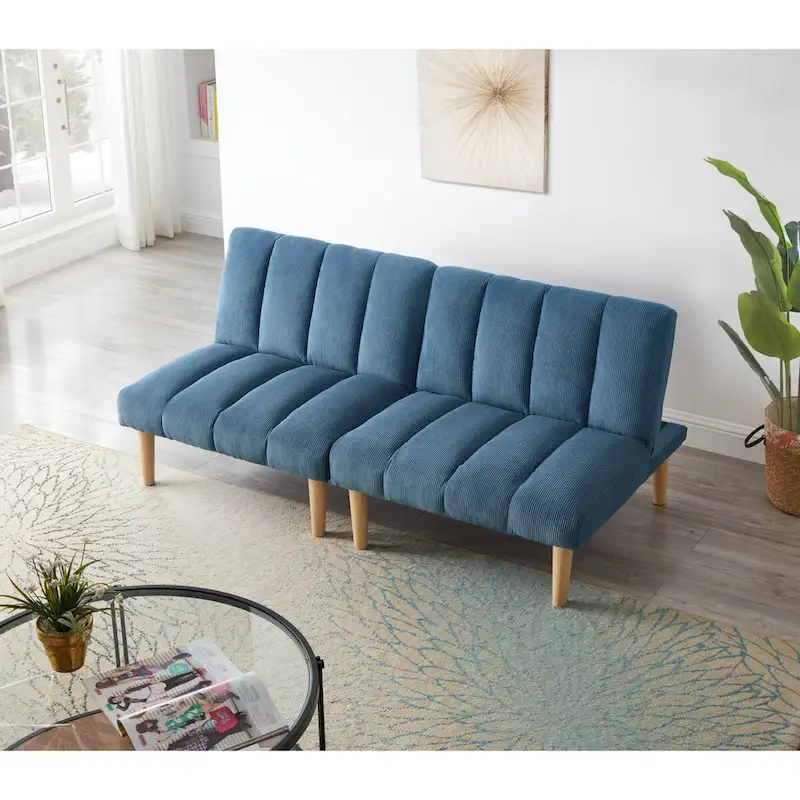 Corduroy Fabric, Wooden Legs Convertible Sofa Bed (Color:Blue)
